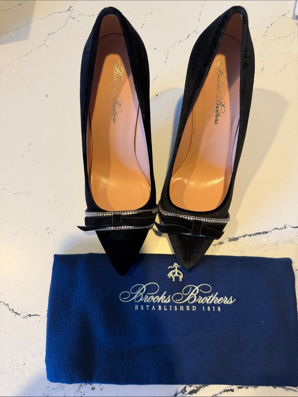 New with tags/box Brooks Brothers Black Pointed-Toe Bow Pumps with Rhinestones